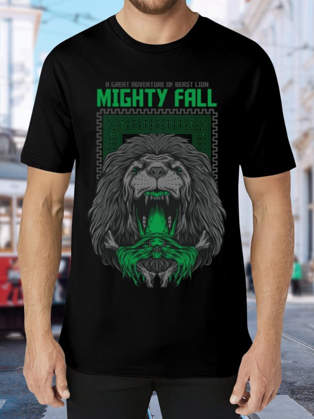 Mighty Fall Lion Graphic Tee - Black & Green